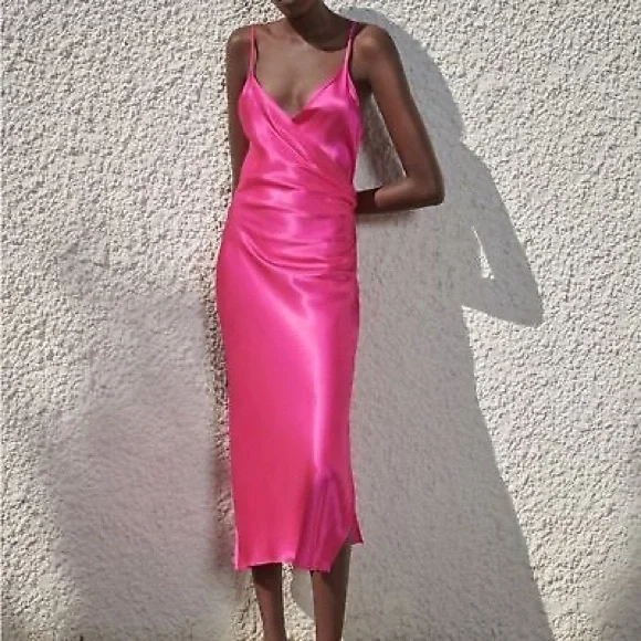 Zara | Dresses | Hp Zara Hot Pink Satin Silk Slip Draped Camisole Dress  Medium | Poshmark